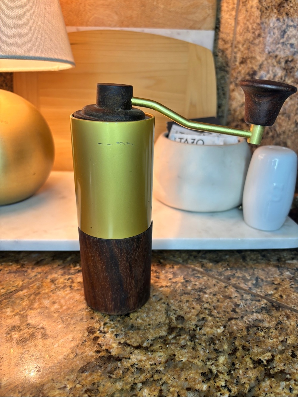 Vintage Mid Century Modern Manual Coffee Grinder Brass Tone Wood Hand Crank Burr